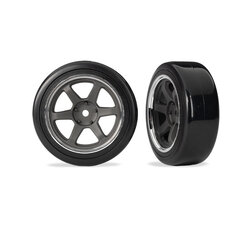 10577 Tires & wheels, assembled (six spoke graphite gray wheels w/chrome rim, 1.9" Drift tires (2 dots, soft, smooth surfaces)) (front) (2)