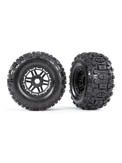 8973 Tires & wheels, assembled, glued (black wheels, dual profile (2.8' outer, 3.6' inner), Sledgehammer™ tires, foam inserts) (2) (17mm splined) (TSM® rated) (ความสูง 14 cm.)