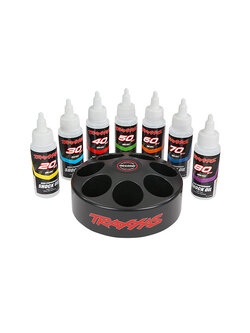 5038X Shock oil set (includes 20 wt, 30 wt, 40 wt, 50 wt, 60 wt, 70 wt, & 80 wt premium shock oils with spinning carousel rack)