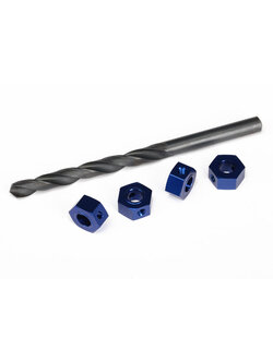 6869 Wheel adaptors, 12mm hex, 6061-T6 aluminum (blue-anodized) (4)/ screw pins (4)/ drill bit, 0.25 inch (for 6mm shafts) (requires #6451 (x2), #6452 (x2), #6439, #6455, #5117 (x3))