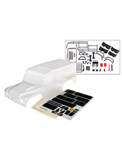 8011P Body, Land Rover Defender, complete (clear, trimmed, requires painting) (includes grille, side mirrors, door handles, windshield wipers, ExoCage, spare tire mount, decals, window masks)