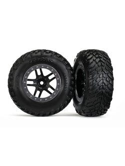 5889R Tire & wheel assembled, glued (S1 compound) (SCT Split-Spoke black, satin chrome beadlock style wheel (dual profile 2.2" outer 3.0" inner), SCT off-road tires, foam inserts) (2) (4WD f/r, 2WD rear) (TSM® rated)