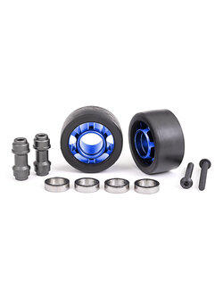 7775X Wheels, wheelie bar, 6061-T6 aluminum (blue-anodized) (2)/ axle, wheelie bar, 6061-T6 aluminum (2)/ 10x15x4 ball bearings (4)