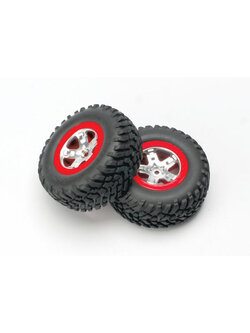 5873A [PRE-OREDER] Tires & wheels, assembled, glued (SCT satin chrome, red-beadlock style wheels, SCT off-road tires, foam inserts) (2) (4WD front/rear, 2WD rear only)