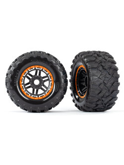 8972T Tires & wheels, assembled, glued (black, orange beadlock style wheels, Maxx® MT tires, foam inserts) (2) (17mm splined) (TSM® rated)