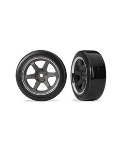 10577 Tires & wheels, assembled (six spoke graphite gray wheels w/chrome rim, 1.9" Drift tires (2 dots, soft, smooth surfaces)) (front) (2)