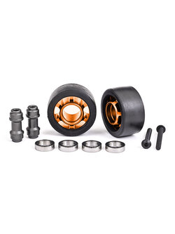 7775T Wheels, wheelie bar, 6061-T6 aluminum (orange-anodized) (2)/ axle, wheelie bar, 6061-T6 aluminum (2)/ 10x15x4 ball bearings (4)