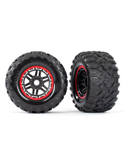 8972R Tires & wheels, assembled, glued (black, red beadlock style wheels, Maxx® MT tires, foam inserts) (2) (17mm splined) (TSM® rated)