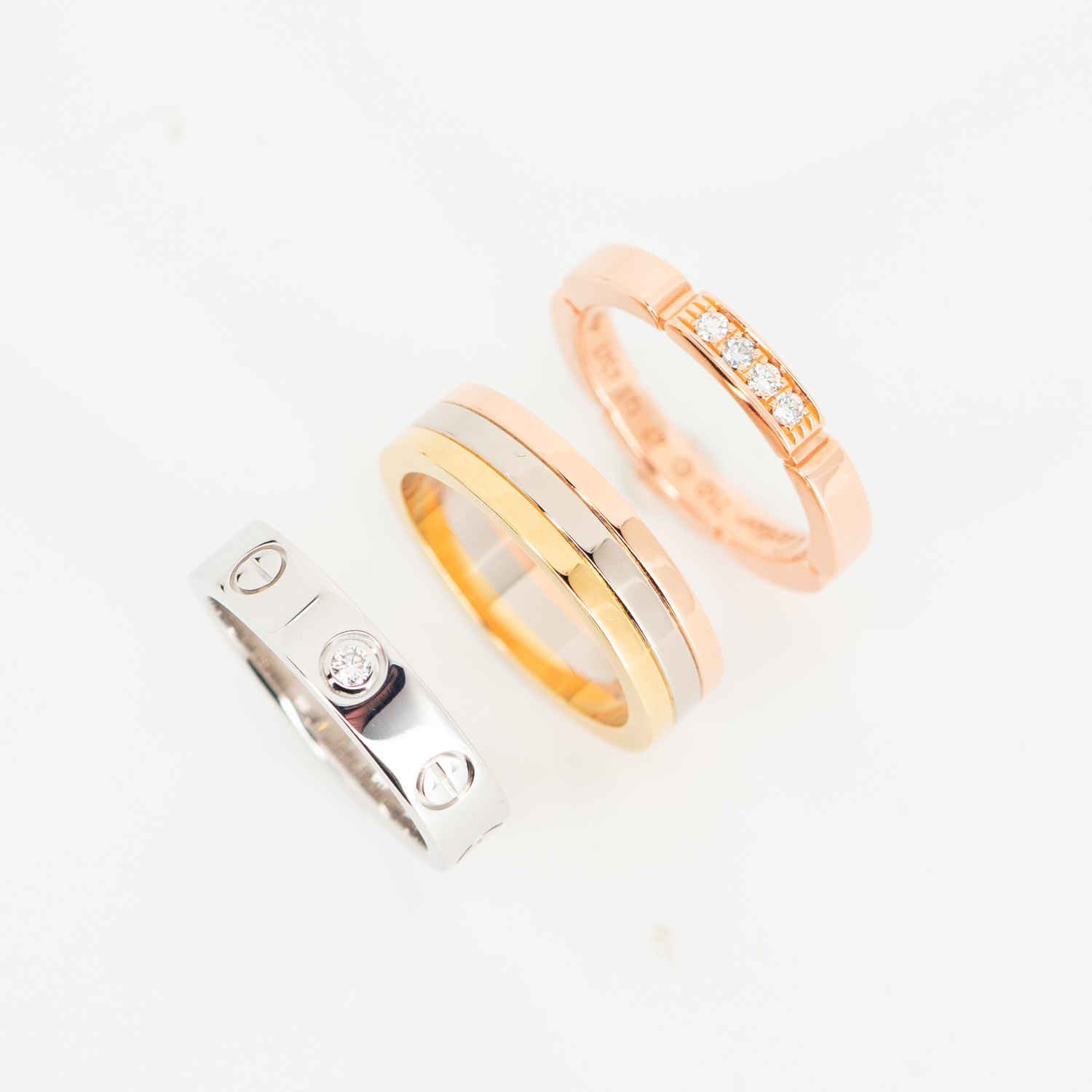 **สำหรับไซส์นิ้ว 46#** แหวน Cartier Maillon Panthere Band with 4 Diamonds ทองชมพู18K x แหวน Cartier Trinity Band 4.8mm. ทองคำ3สี 18K x แหวน Cartier Love band 1Diamond ทองขาว18K (Used)