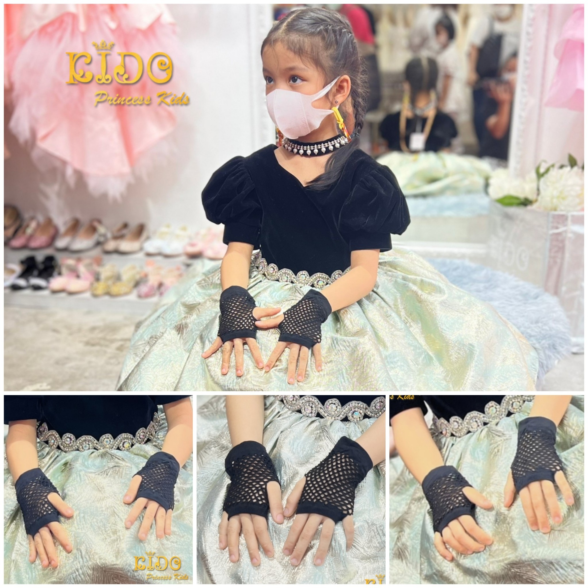 ถุงมือเด็ก(มีหน้าร้านอยู่รัชดา)PS19 สีดำ ถุงมือตาข่ายสั้นเปิดนิ้วเท่ๆ