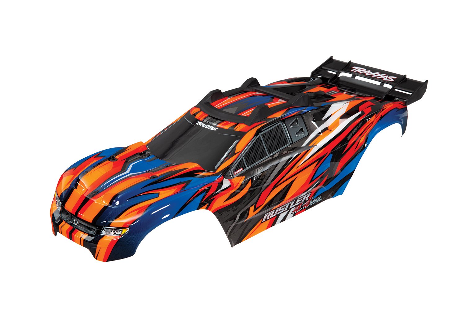 6717T Body, Rustler® 4X4 VXL, orange/ window, grille, lights decal sheet (assembled with front & rear body mounts and rear body support for clipless mounting)