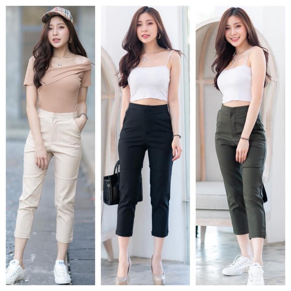 กางเกงขายาวผู้หญิงเอวสูง 7 ส่วน ซิปหน้า ผ้าดับเบิ้ลซาติน ยืด หนา นิ่ม น่ารัก