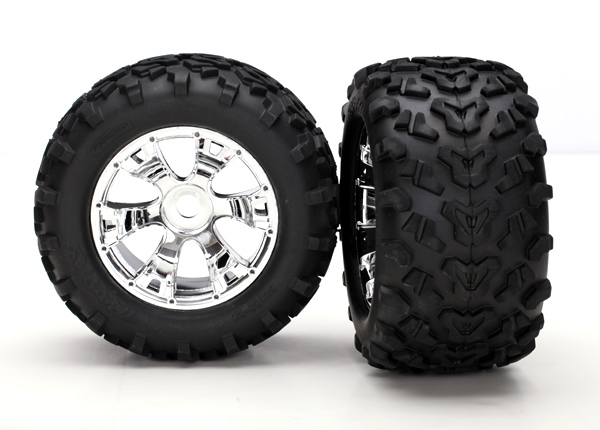 5674 Tires & wheels, assembled, glued (Geode chrome wheels, Maxx tires (6.3" outer diameter), foam inserts) (2) (use with 17mm splined wheel hubs & nuts, part #5353X & beadlock-style sidewall protectors, part #5665, 5666, 5667)
