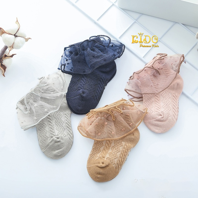 ถุงเท้าเด็ก(มีหน้าร้านอยู่รัชดา)S105สีขาว สีน้ำตาล ข้อเท้าลายระบายลายจุด ใส่สบาย