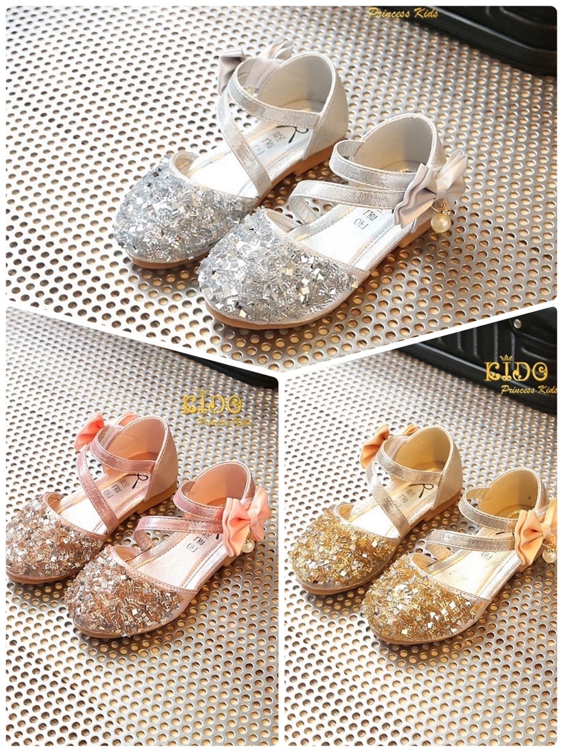 ssรองเท้าเด็กออกงาน(หน้าร้านอยู่รัชดา ลองได้)H081สีชมพูเข้ม สีเงิน สีทอง ติดเพชรเหลียม ระยิบระยับ เปิดข้าง สายคาดเรียบ2เส้น โบว์หลังตรงสายคาดรองเท้า งานสวยมากคะ