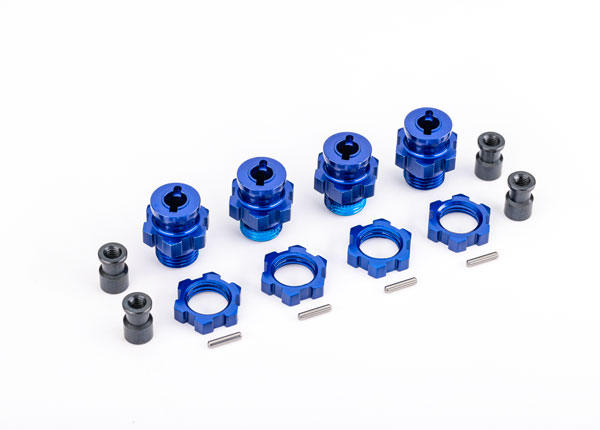9086 Wheel hubs, splined, 17mm, short (blue-anodized) (4)/ wheel nuts, splined, 17mm (blue-anodized) (4)/ hub retainer M4 X 0.7 (4)/ axle pin (4) (for use with #9080 upgrade kit)
