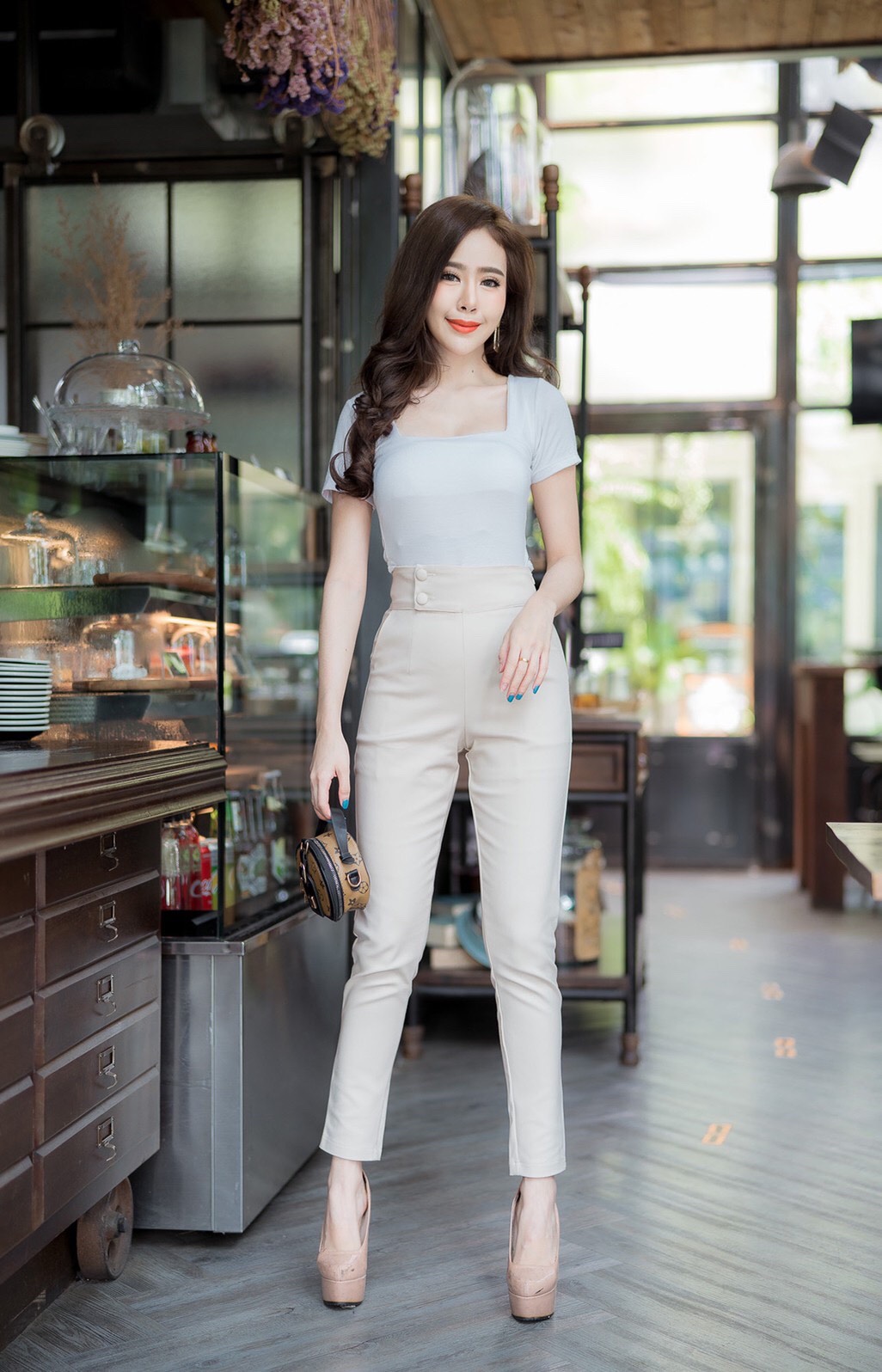 กางเกงขายาวผู้หญิงเอวสูง 2 กระดุมป้ายข้าง ขอบเอว 3 นิ้ว ซิปข้าง ผ้าดับเบิ้ลซาติน ยืด น่ารัก