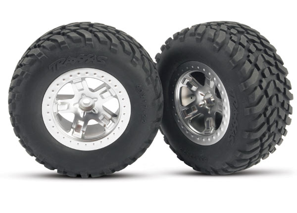 5875 Tires & wheels, assembled, glued (SCT satin chrome, beadlock style wheels, SCT off-road racing tires, foam inserts) (2) (2WD front)