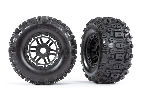 8973 Tires & wheels, assembled, glued (black wheels, dual profile (2.8' outer, 3.6' inner), Sledgehammer™ tires, foam inserts) (2) (17mm splined) (TSM® rated) (ความสูง 14 cm.)