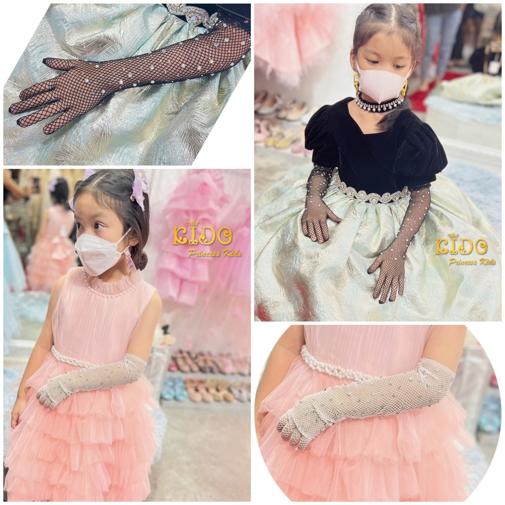 sถุงมือเด็ก(มีหน้าร้านอยู่รัชดา)GL18 สีขาว สีดำ ถุงมือตาข่ายเพชรยาวสวยหรูมาก