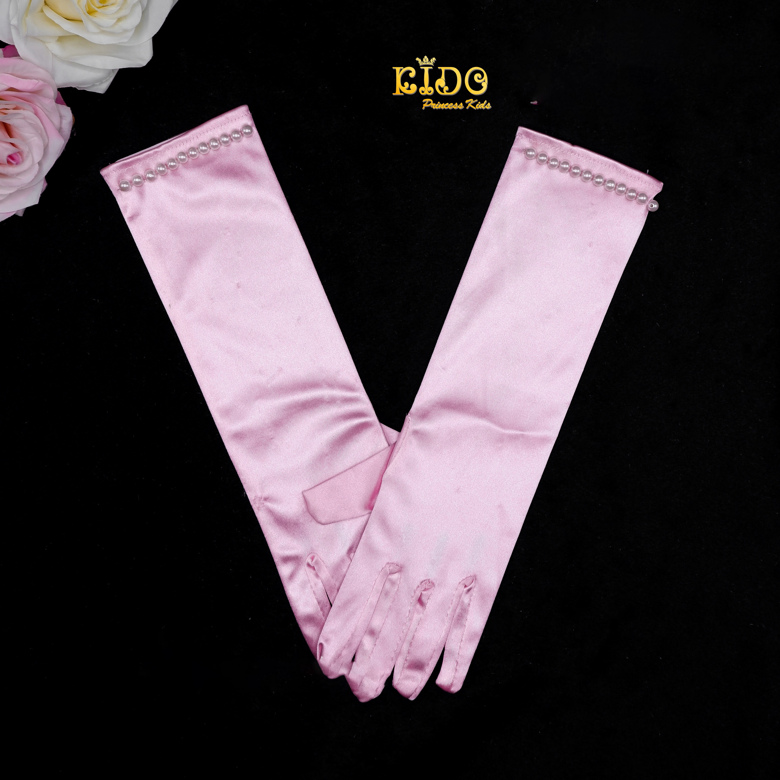 ถุงมือเด็ก(มีหน้าร้านอยู่รัชดา)GL1 ถุงมือเด็ก สีชมพู แบบยาวติดมุกที่ขอบดูเรียบหรู