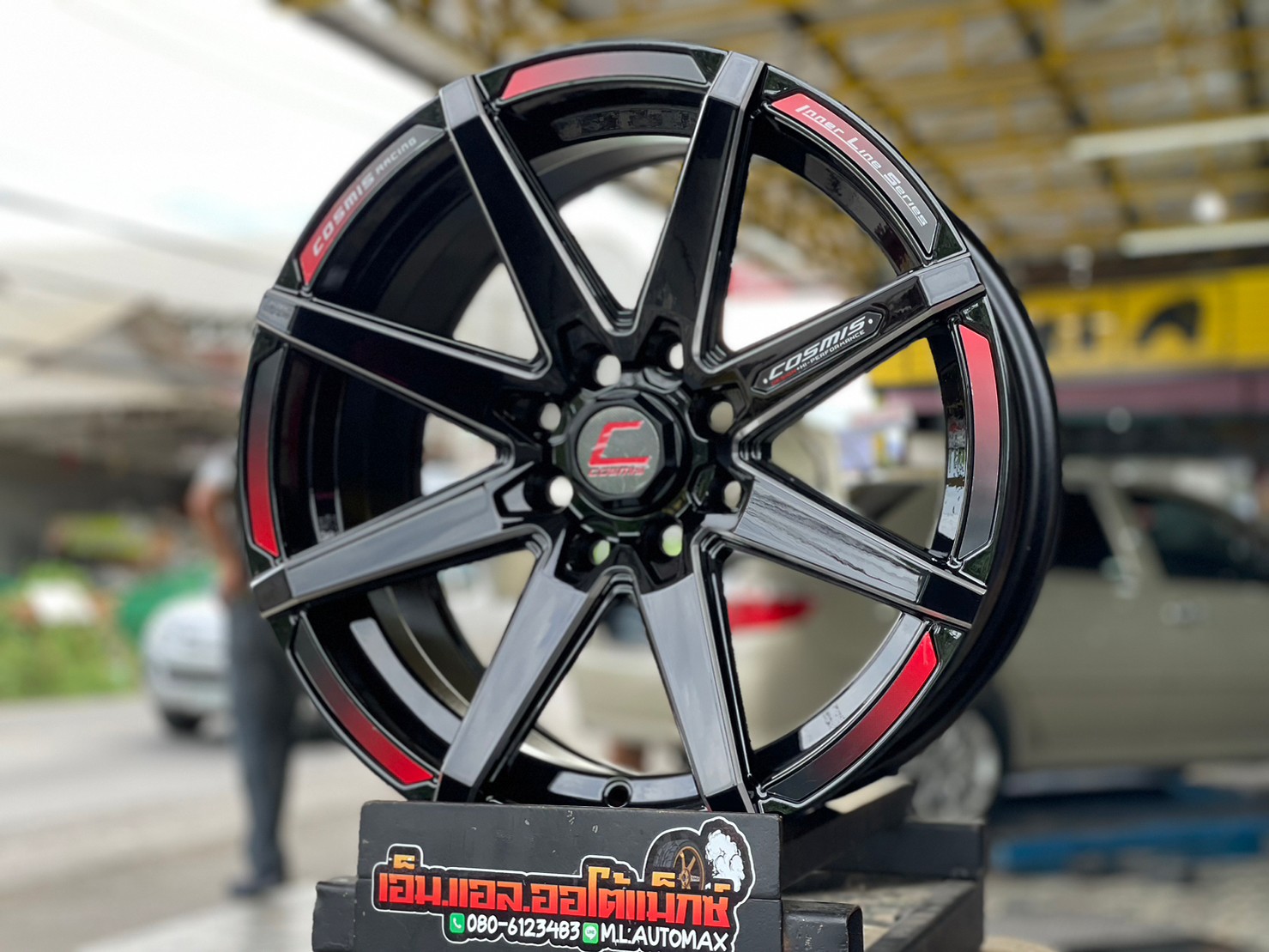 ล้อแม็กซ์ Cosmis รุ่นInterline S1 ล้อแม็กซ์ขอบ15 กว้าง7 ออฟ25 4รู100 และ4รู114 สีดำCNC ข้างก้าน