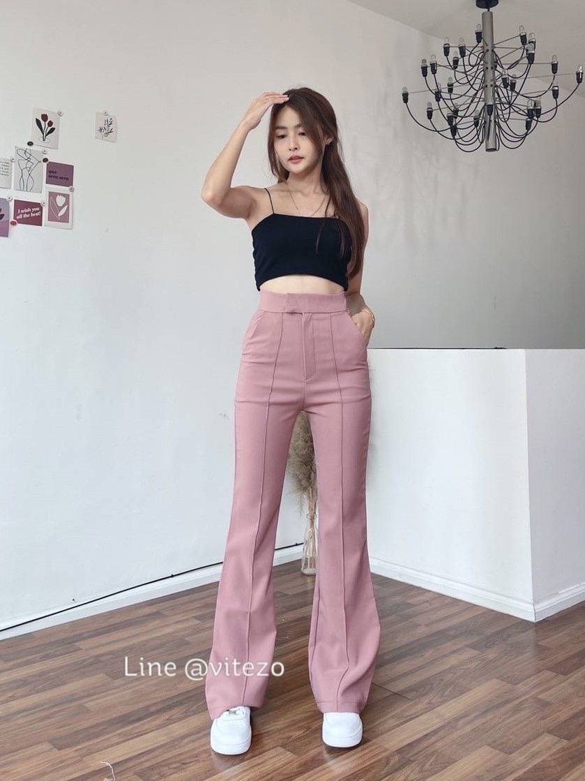 กางเกงขายาว ข้าม้า ตีเกล็ดหน้า เอวป้าย ผ้าโรเชฟ ยืด นิ่ม ใส่สวย ดูสูง