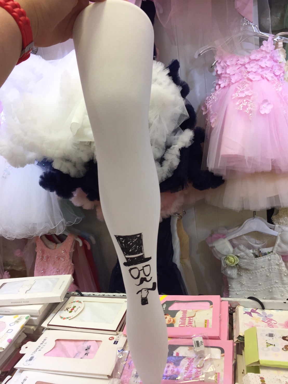 ถุงน่องเด็ก(หน้าร้านอยู่รัชดา)LMRKS08 สีขาว เนื้อทึบลายหน้าชาลี