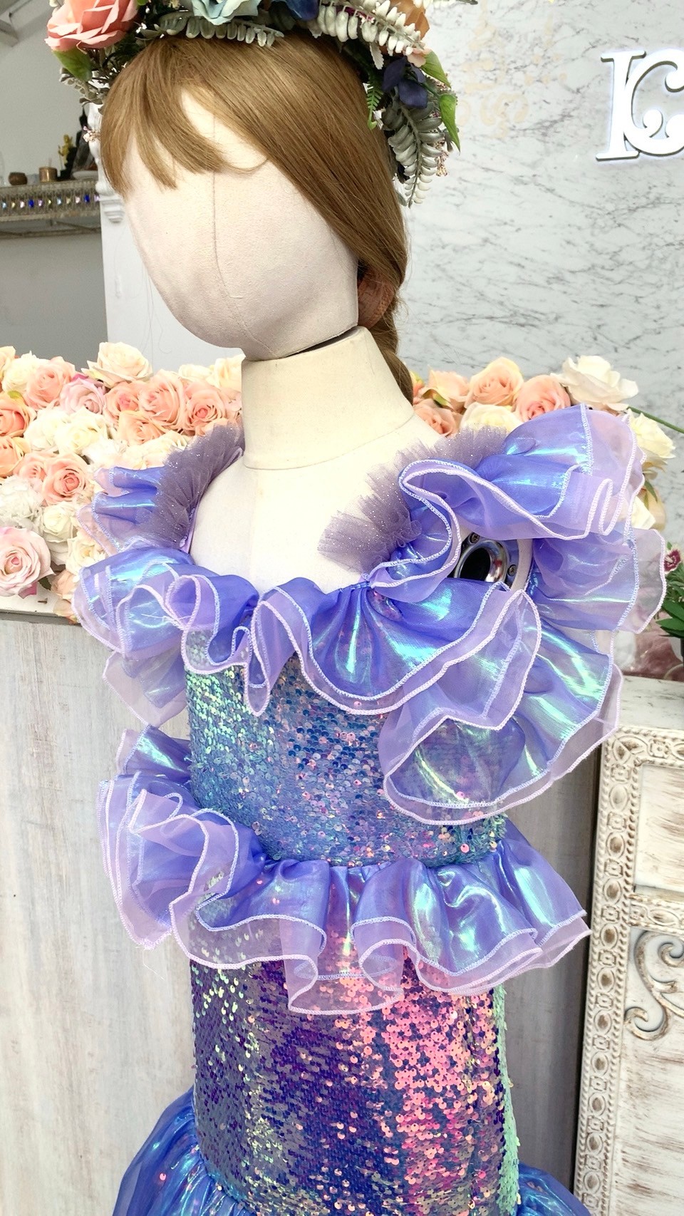 ชุดราตรีเด็ก(หน้าร้านอยู่รัชดา ลองได้ถ่ายรูปเองจากชุดจริง)W19027 สีฟ้า หางปลา ผ้าวิ้งเล่นไฟ เมอร์เมดสวยเก๋