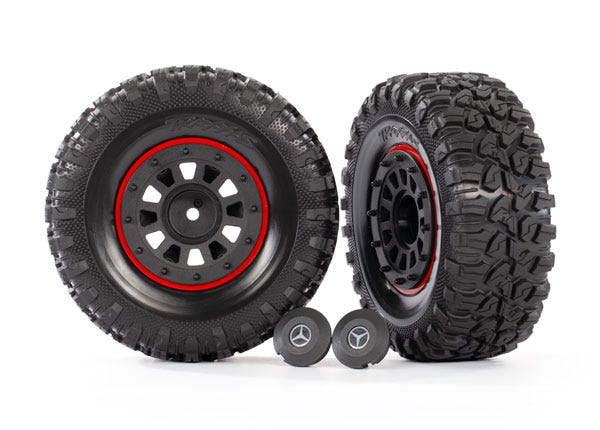 8874 Tires and wheels, assembled, glued (2.2' black wheels, 2.2' tires) (2)/ center caps (2)/ beadlock rings (2) (requires #8255A extended stub axle)