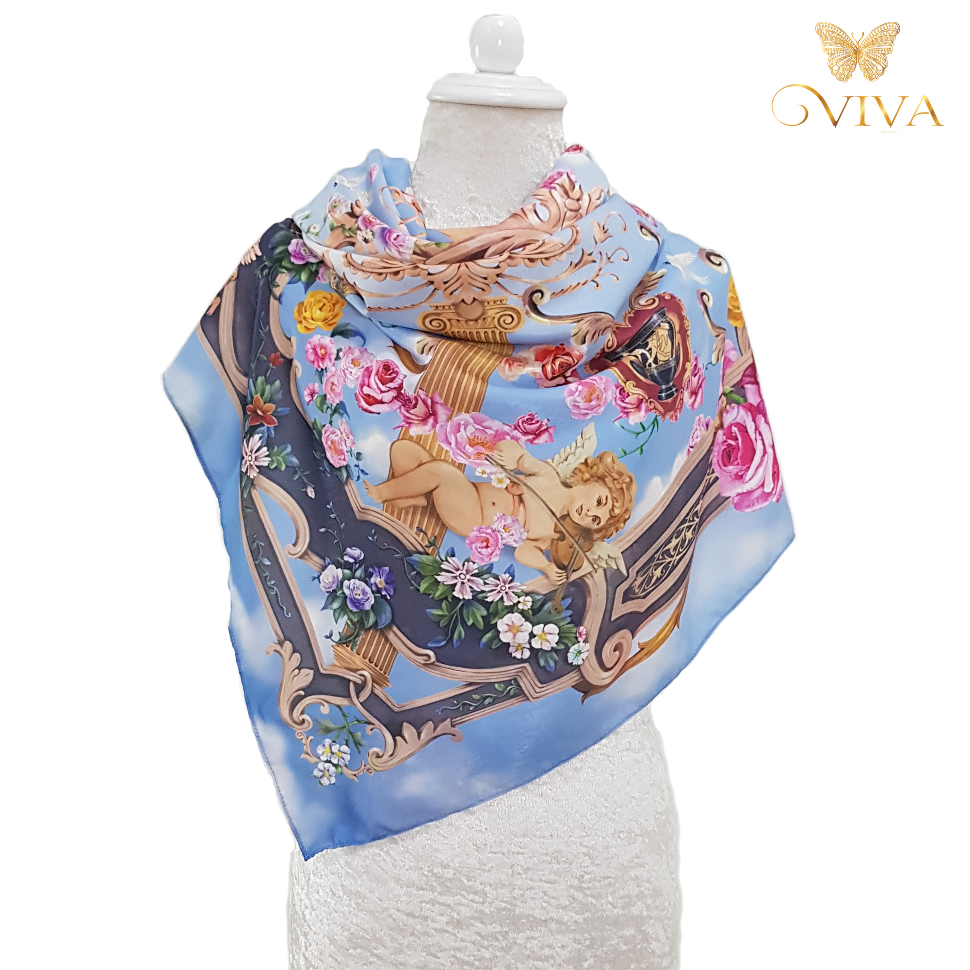 ผ้าพันคอ รุ่น Cupid's Paradise เนื้อผ้า Silky Satin Velvet Premium Color : Blue