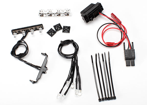 7285 (เลิกผลิต แทนด้วย 7285A) LED light kit, 1/16th Summit (power supply, chrome lightbar, roof light harness (4 clear, 2 red), chassis harness (4 clear, 2 red), wire ties, mounts) 7285 (เลิกผลิต แทนด้วย 7285A)