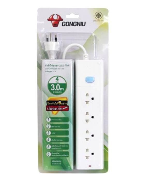 GONGNIU ปลั๊กไฟ สายเคเบิล 4 สวิตซ์ 3 เมตร T304U; (3m,GNTH)
