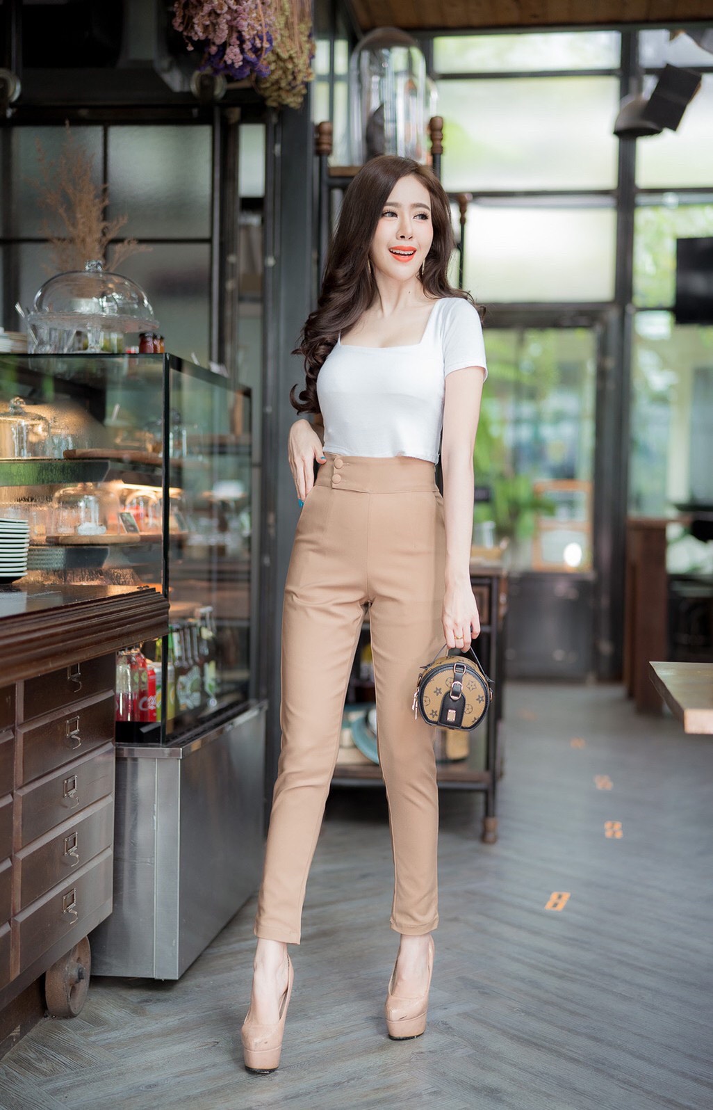 กางเกงขายาวผู้หญิงเอวสูง 2 กระดุมป้ายข้าง ขอบเอว 3 นิ้ว ซิปข้าง ผ้าดับเบิ้ลซาติน ยืด น่ารัก