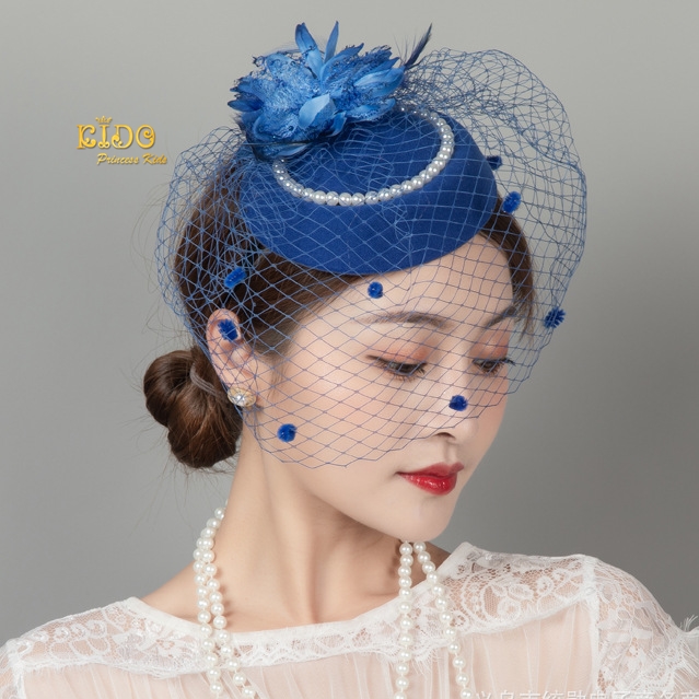 กิ๊บหมวกเด็ก(หน้าร้านอยู่รัชดา)KF596 กิ๊บหมวกเด็กสีน้ำเงินตาข่ายติดไข่มุขประดับดอกไม้