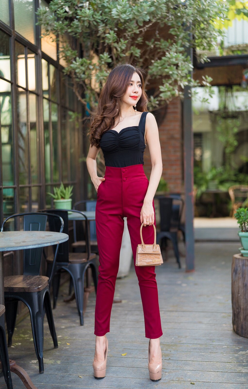 กางเกงขายาวผู้หญิงเอวสูง ขาเดฟ 2 กระดุมหน้า ซิปหน้า ผ้าดับเบิ้ลซาติน ยืด สวยมาก