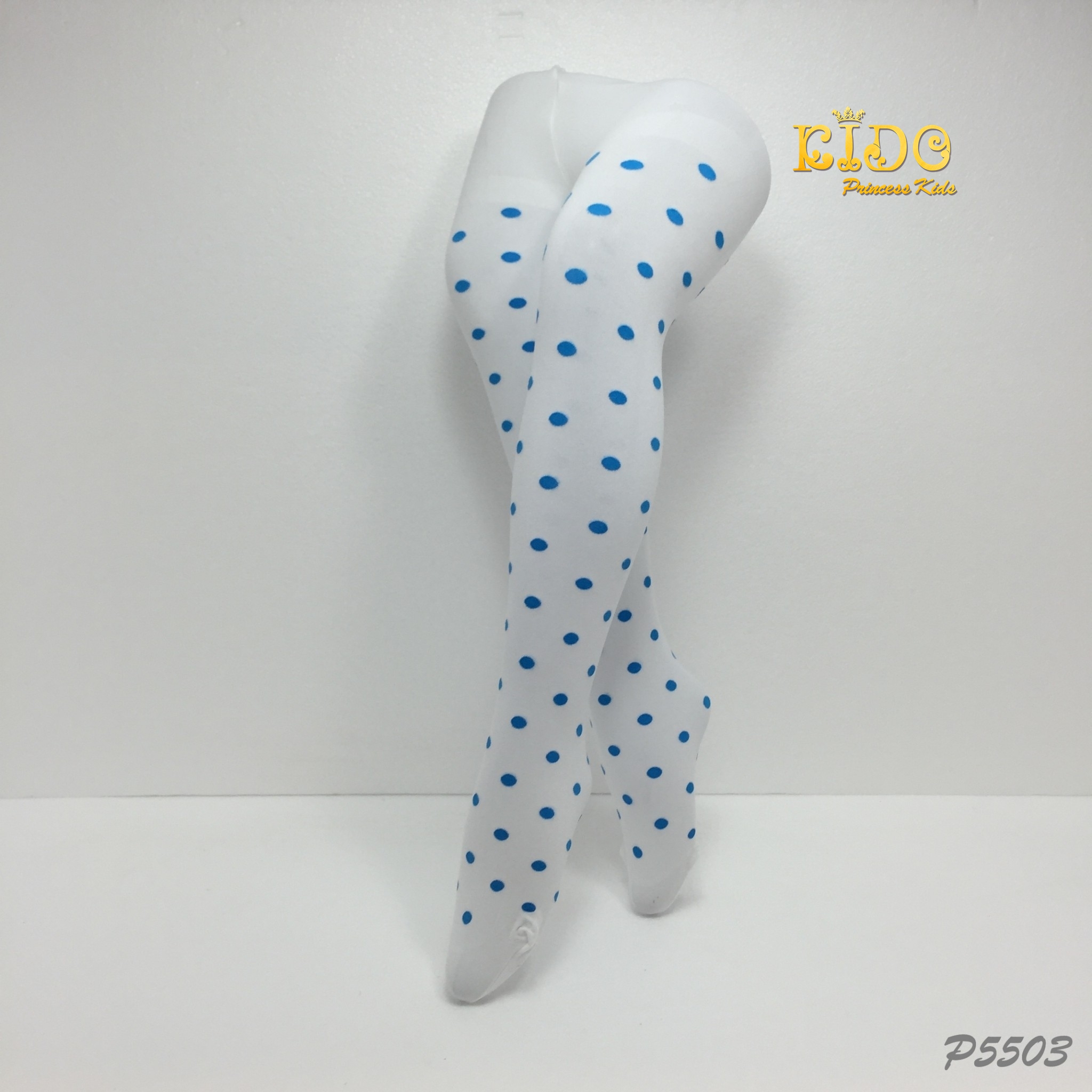 ถุงน่องเด็ก(หน้าร้านอยู่รัชดา)LZ5503 สีขาว จุดฟ้าเนื้อผ้าซีทรูมีลายจุดใหญ่