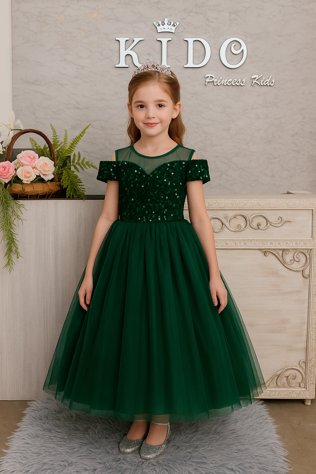 ชุดราตรีเด็ก ชุดเจ้าหญิง (*หน้าร้านอยู่รัชดา*)W19202 สีเขียว กระโปรงยาว เปิดไหล่