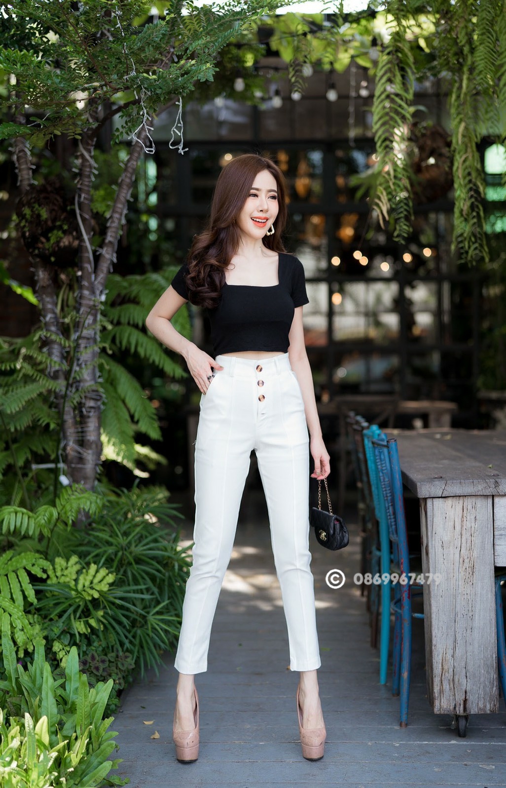 กางเกงขายาวผู้หญิงเอวสูง แต่งกระดุมบาย กระเป๋าใหญ่ ผ้าดับเบิ้ลซาติน ยืด สวยมาก