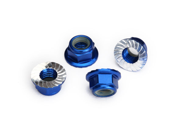 8447X Nuts, 5mm flanged nylon locking (aluminum, blue-anodized, serrated) (4)