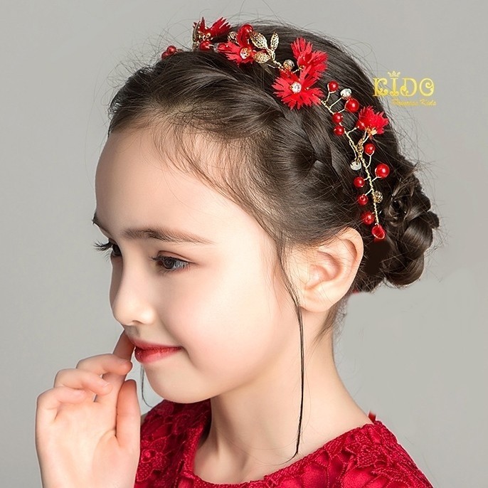 คาดผมเด็ก(หน้าร้านอยู่รัชดา)KF504 เส้นคาดผมดอกไม้สีแดงสลับทอง ประดับเพรช สวยน่ารัก