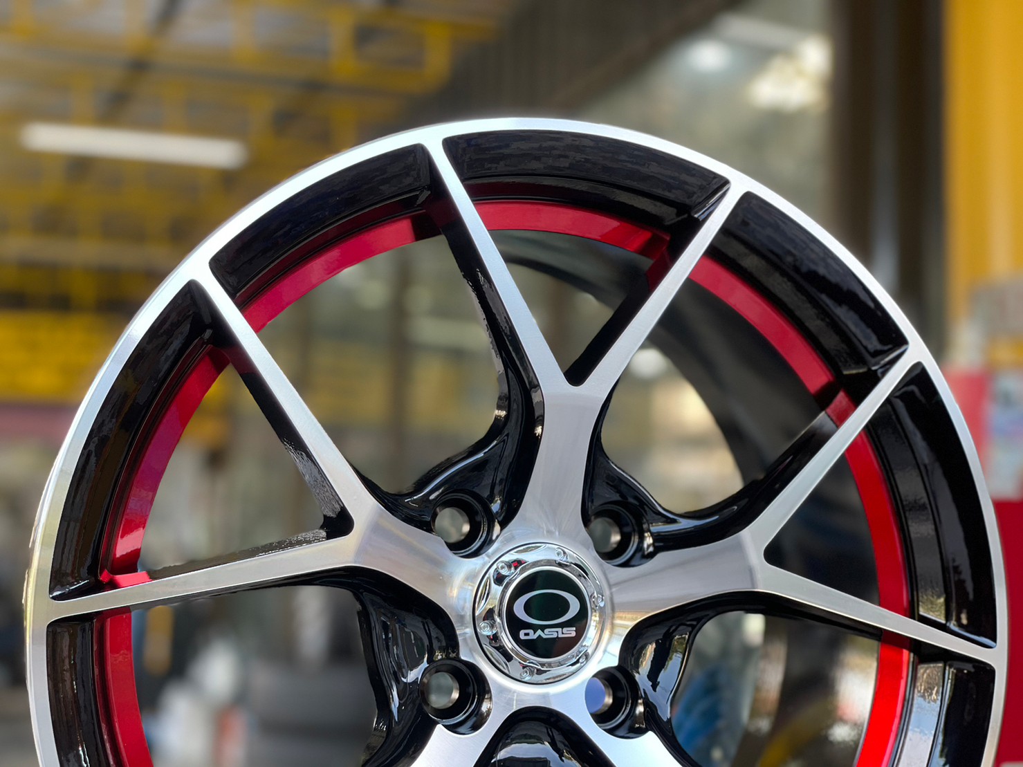 ล้อแม็กซ์ใหม่ขอบ15 OASIS Model Delta5 15x7 4x100 ET35 สีดำอันเดอร์คัตแดงหน้าเงา