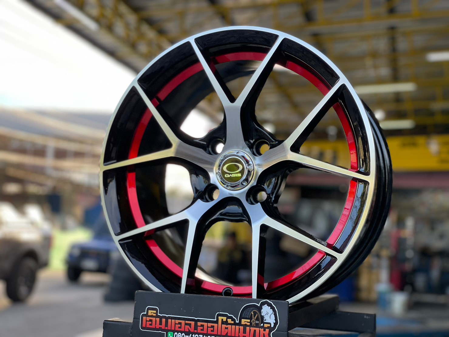 ล้อแม็กซ์ใหม่ขอบ15 OASIS Model Delta5 15x7 4x100 ET35 สีดำอันเดอร์คัตแดงหน้าเงา