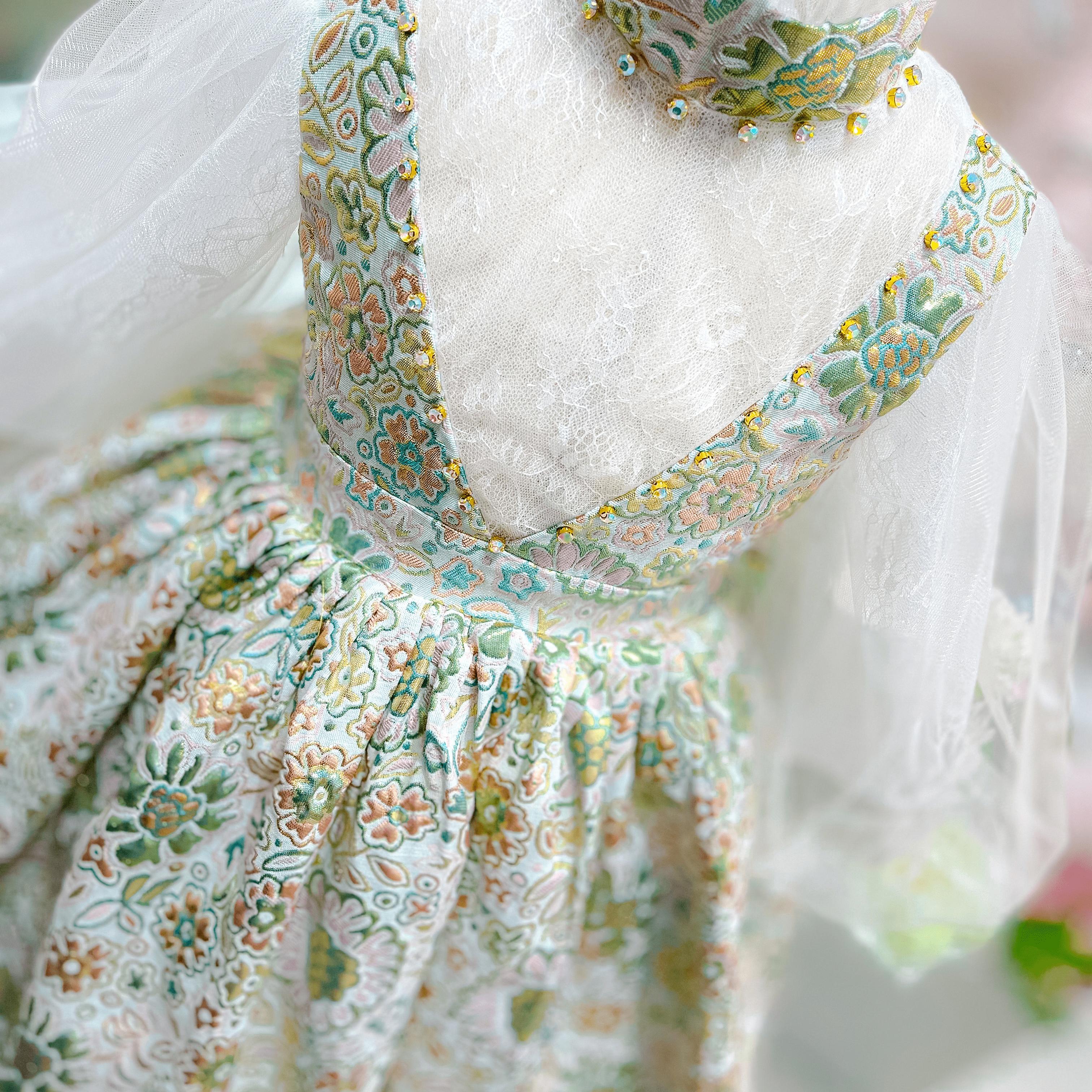 ชุดเจ้าหญิง(หน้าร้านอยู่รัชดา ลองได้ถ่ายรูปจากชุดจริง)W18331สีเขียวทอง แขนยาวซีทรู สวยหวานงานหรู กระโปรงสั้น