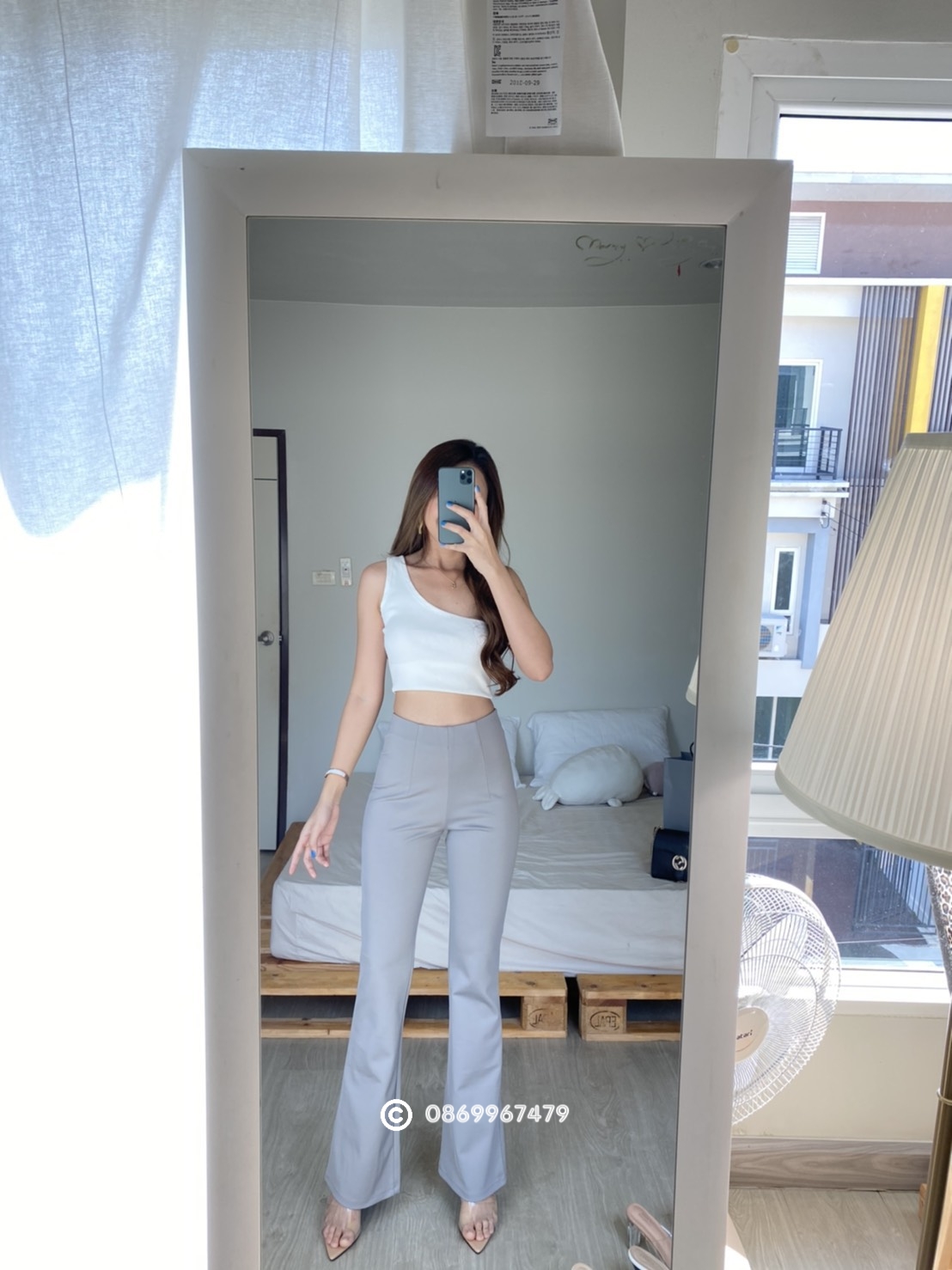 กางเกงขายาวผู้หญิงเอวสูง ขอบเอวหลบ ข้าม้า ซิปหลังผ้าโรเชฟ ยืด น่ารัก ไม่ต้องรีด