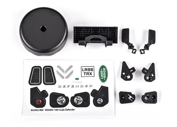 9720 Grille/ mirrors, side (left & right)/ spare tire cover/ light retainers, body (front & rear, left & right)/ decal sheet (fits #9712 body)