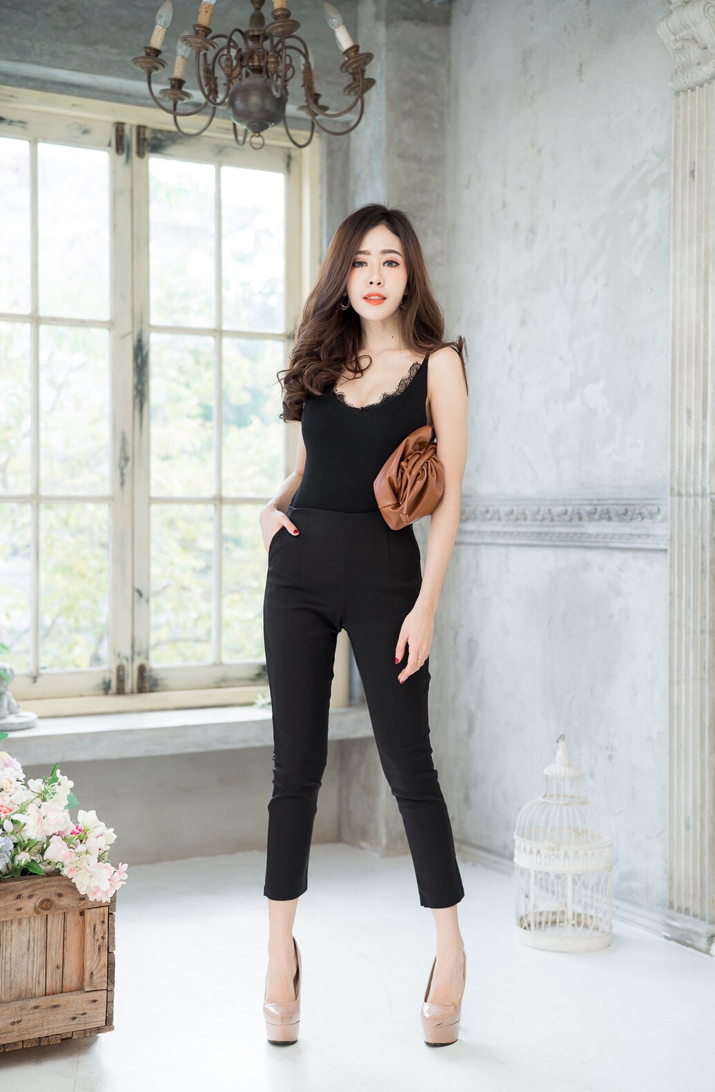 กางเกงขายาวผู้หญิงเอวสูง 7 ส่วน ซิปข้าง ขอบเอวหลบ ผ้าดับเบิ้ลซาติน ยืด หนา นิ่ม น่ารัก