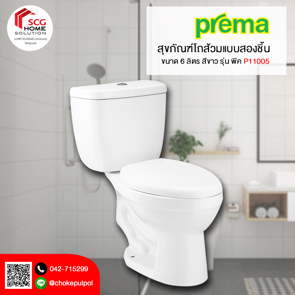 Prema P11005 สุขภัณฑ์ แบบสองชิ้น 6 ลิตร รุ่น PEAK