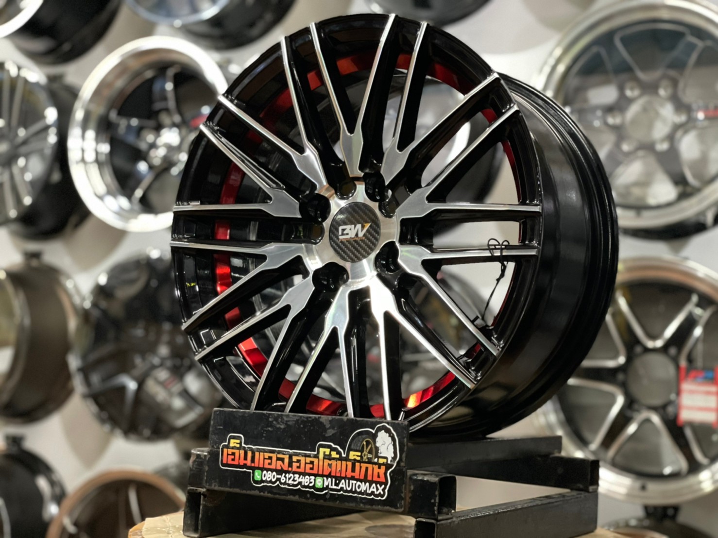 ล้อแม็กซ์ขอบ15 Brightwheels BW-56 ขอบ15 กว้าง7 ออฟ35 4รู100 สีดำหน้าเงาอันเดอร์คัตแดง(FP/B ED UN RED)