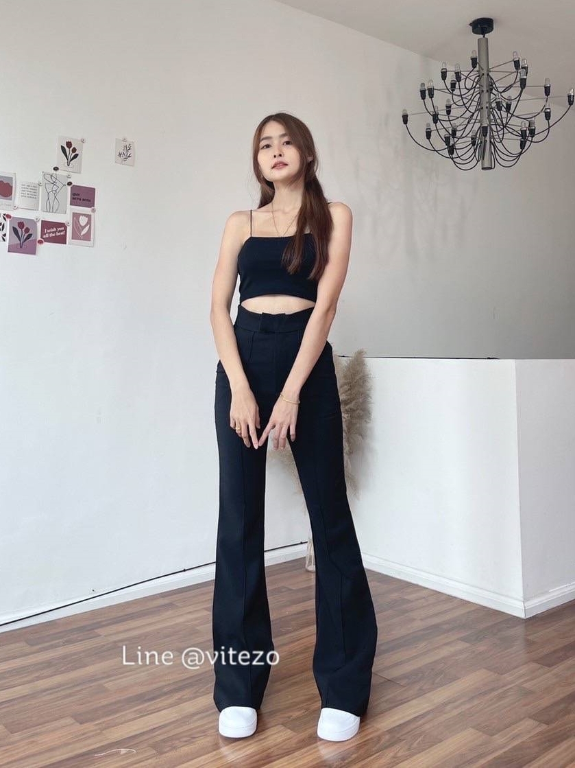 กางเกงขายาว ข้าม้า ตีเกล็ดหน้า เอวป้าย ผ้าโรเชฟ ยืด นิ่ม ใส่สวย ดูสูง